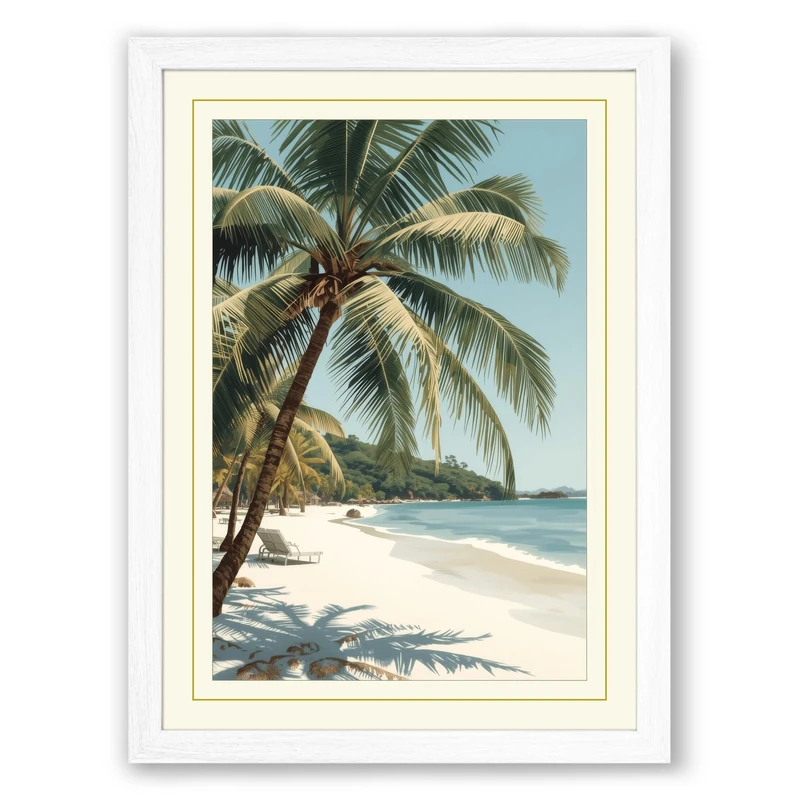 Tropical Paradise Palm Coastal Framed Wall Art Print A1 (84.1×59.4cm) White, Wall Decor for Living Room, Bedroom, Office & Home, Ready to Hang, Art Gift - Image 1