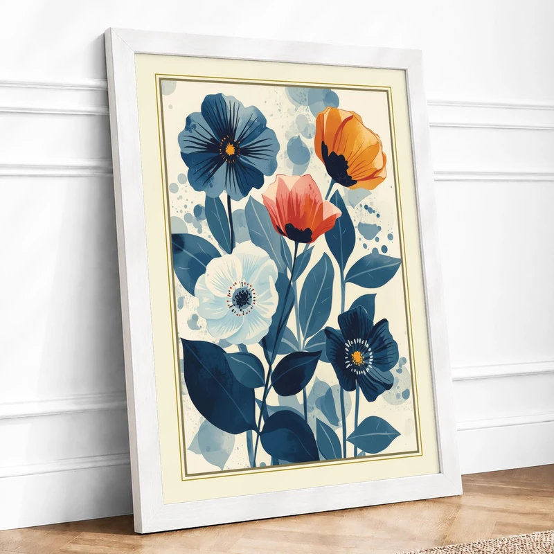Blooming Flowers Botanical Framed Wall Art Print A1 (84.1×59.4cm) White, Wall Decor for Living Room, Bedroom, Office & Home, Ready to Hang, Art Gift
