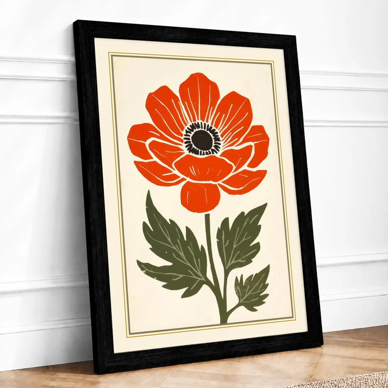 Red Poppy Botanical Framed Wall Art Print A1 (84.1×59.4cm) Black, Wall Decor for Living Room, Bedroom, Office & Home, Ready to Hang, Art Gift