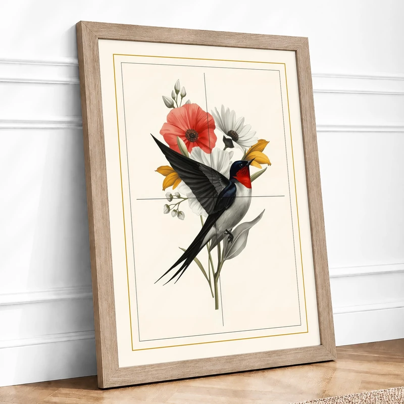 Bird Among Flowers Botanical Framed Wall Art Print A1 (84.1×59.4cm) Oak, Wall Decor for Living Room, Bedroom, Office & Home, Ready to Hang, Art Gift - Image 1