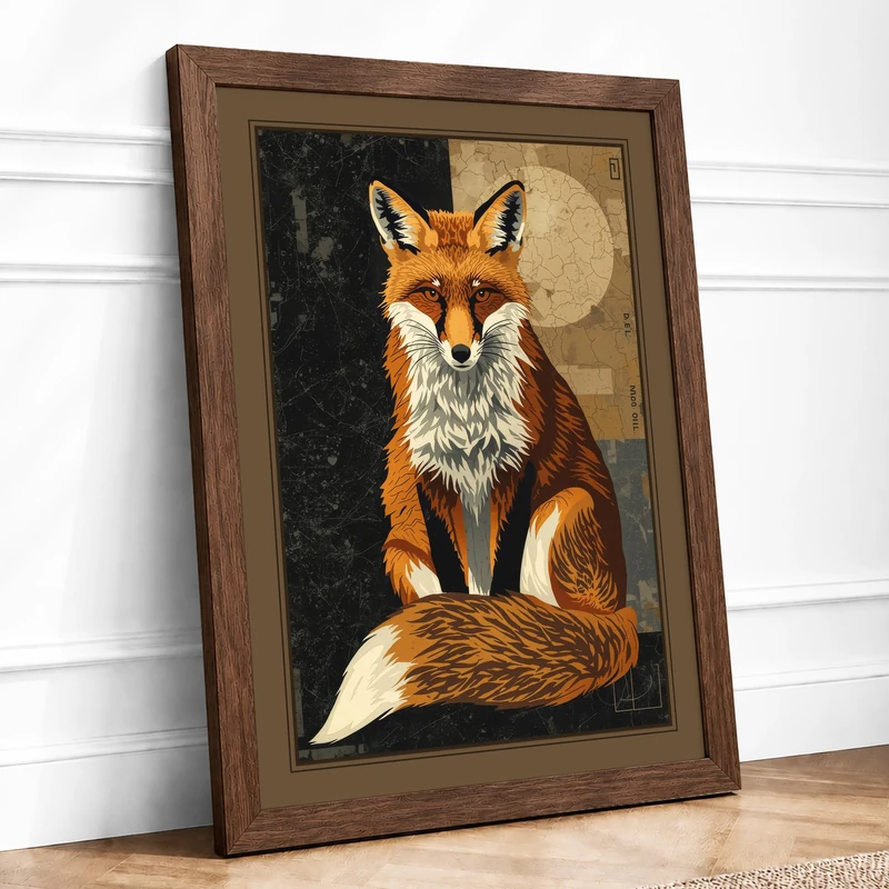 Fox by Moonlight Vintage Framed Wall Art Print A1 (84.1×59.4cm) Walnut, Wall Decor for Living Room, Bedroom, Office & Home, Ready to Hang, Art Gift