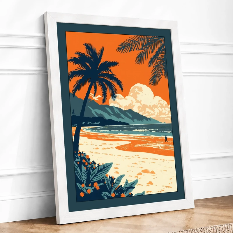 Tropical Paradise Vintage Framed Wall Art Print A1 (84.1×59.4cm) White, Wall Decor for Living Room, Bedroom, Office & Home, Ready to Hang, Art Gift