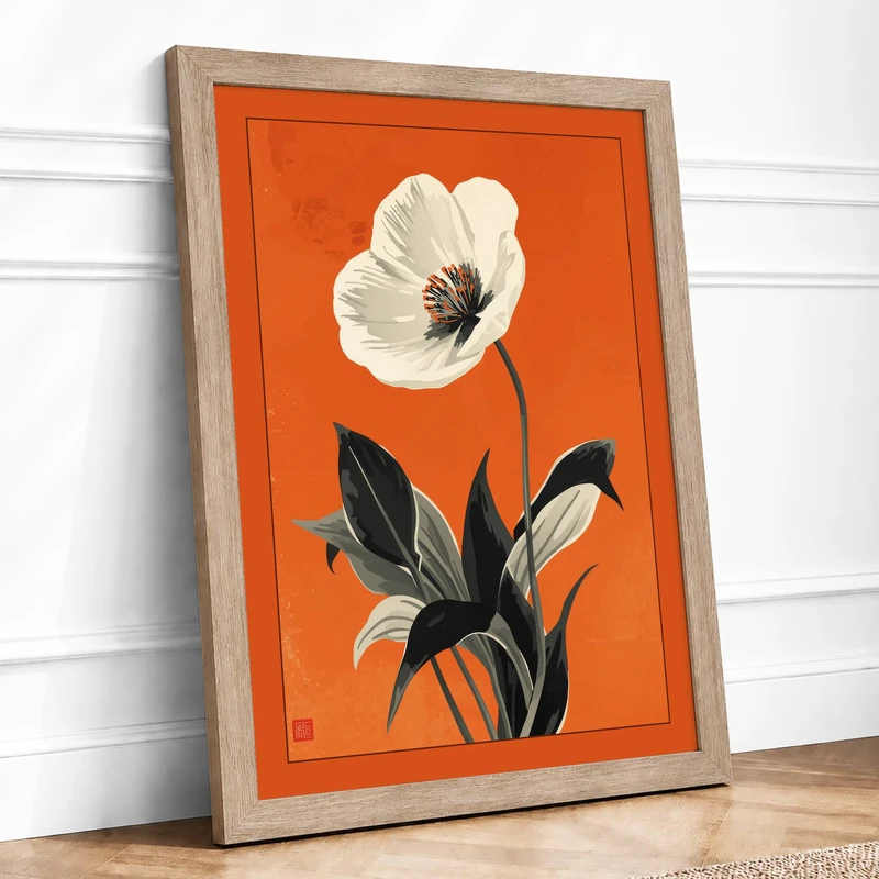 White Poppy Study Botanical Framed Wall Art Print A1 (84.1×59.4cm) Oak, Wall Decor for Living Room, Bedroom, Office & Home, Ready to Hang, Art Gift