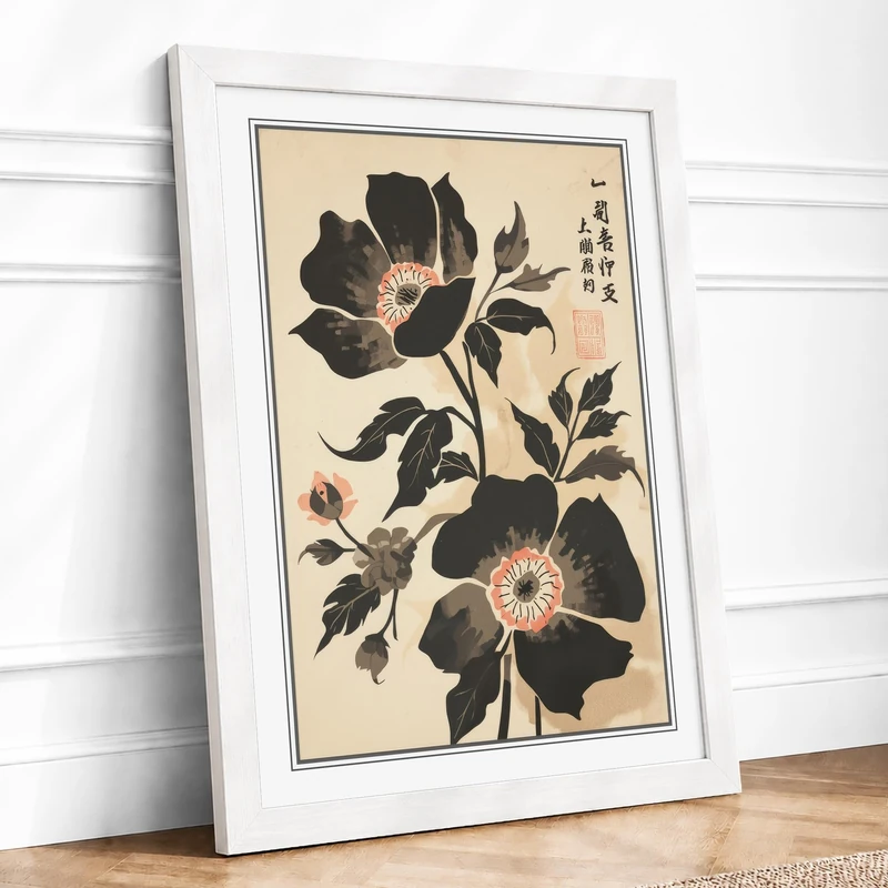 Peony Bloom Botanical Framed Wall Art Print A1 (84.1×59.4cm) White, Wall Decor for Living Room, Bedroom, Office & Home, Ready to Hang, Art Gift