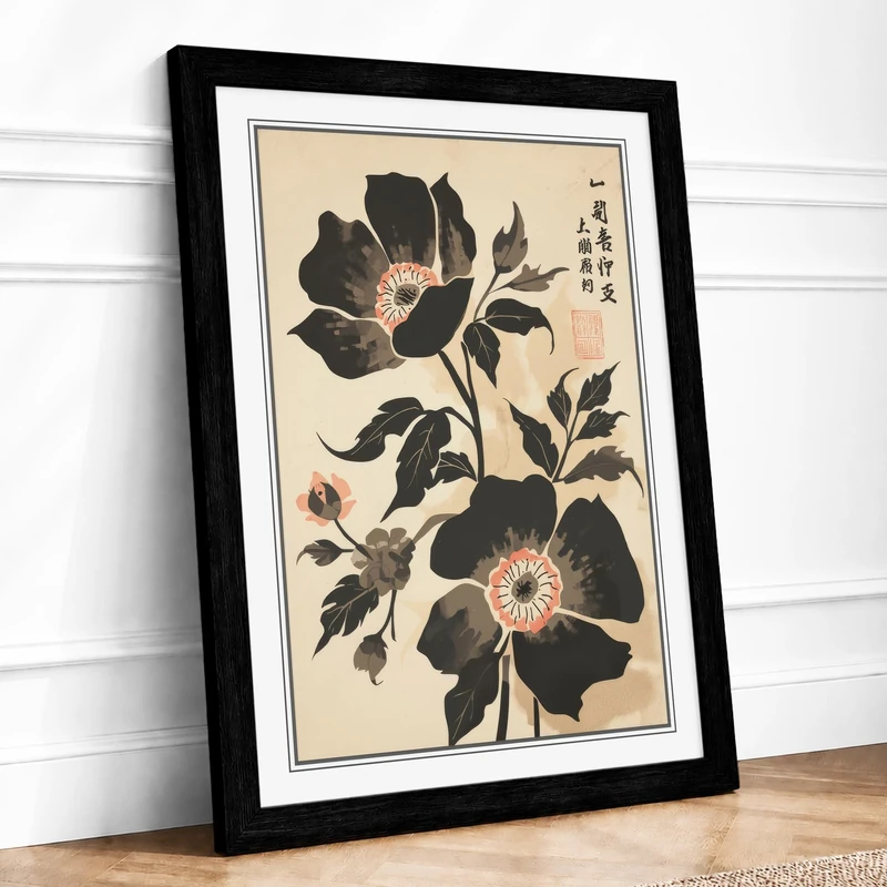 Peony Bloom Botanical Framed Wall Art Print A1 (84.1×59.4cm) Black, Wall Decor for Living Room, Bedroom, Office & Home, Ready to Hang, Art Gift - Image 1