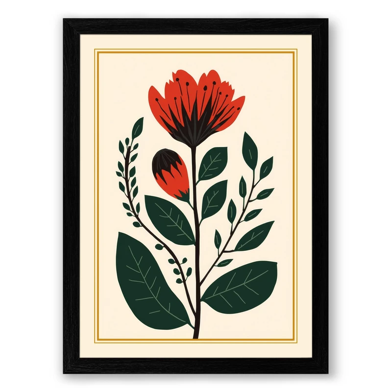 Single Stem in Red Botanical Framed Wall Art Print A1 (84.1×59.4cm) Black, Wall Decor for Living Room, Bedroom, Office & Home, Ready to Hang, Art Gift