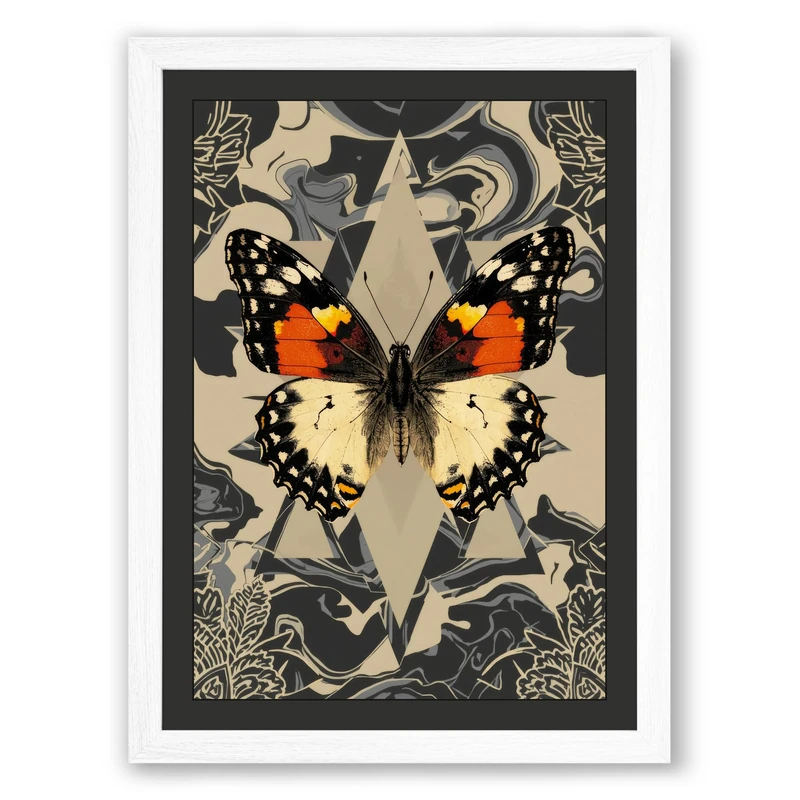 Mirrored Butterflies Eclectic Framed Wall Art Print A1 (84.1×59.4cm) White, Wall Decor for Living Room, Bedroom, Office & Home, Ready to Hang, Art Gift