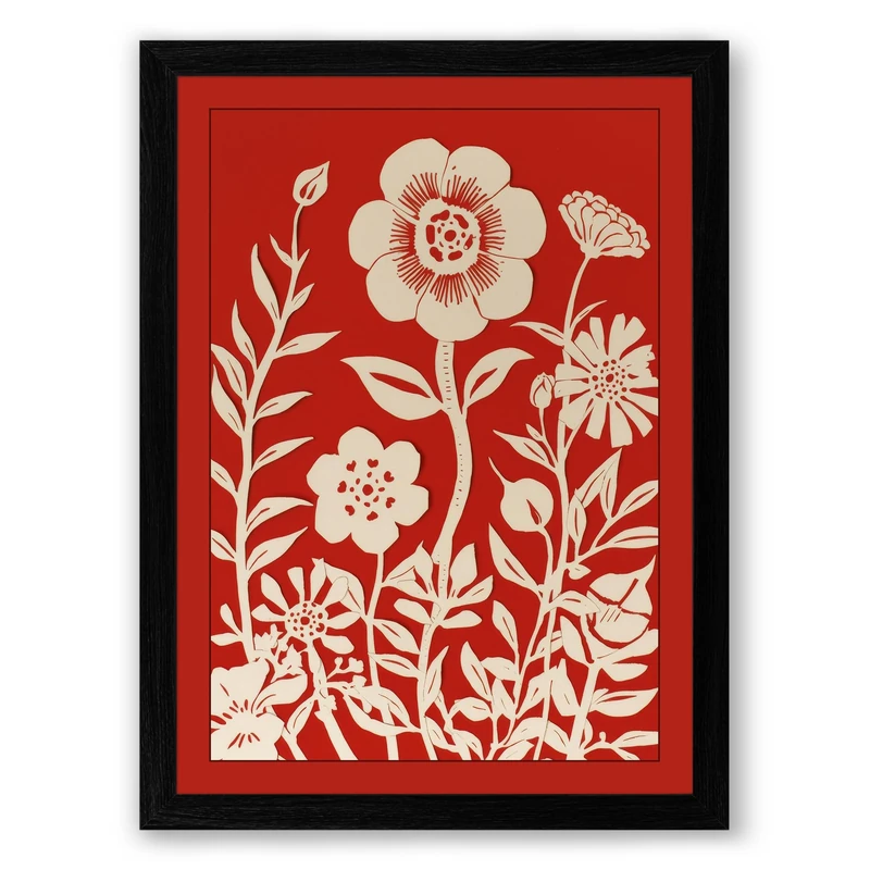 Floral Pattern in Red Botanical Framed Wall Art Print A1 (84.1×59.4cm) Black, Wall Decor for Living Room, Bedroom, Office & Home, Ready to Hang, Art Gift