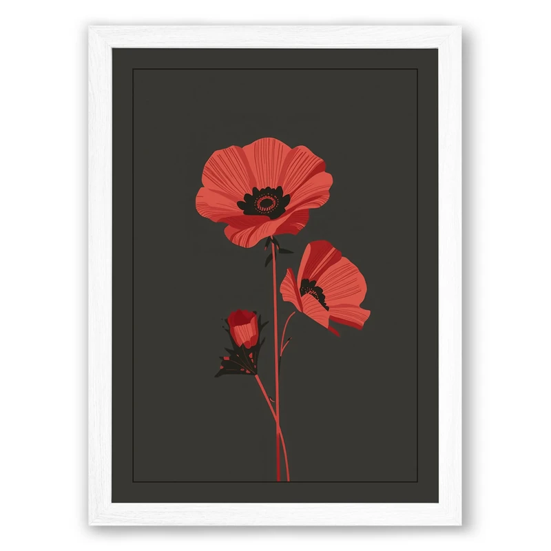 Three Red Poppies Botanical Framed Wall Art Print A1 (84.1×59.4cm) White, Wall Decor for Living Room, Bedroom, Office & Home, Ready to Hang, Art Gift