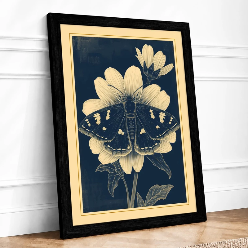 Moth and Bloom Botanical Framed Wall Art Print A1 (84.1×59.4cm) Black, Wall Decor for Living Room, Bedroom, Office & Home, Ready to Hang, Art Gift