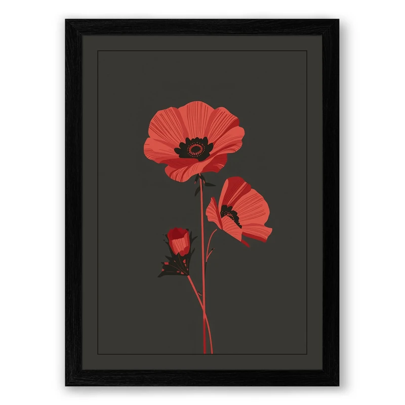 Three Red Poppies Botanical Framed Wall Art Print A1 (84.1×59.4cm) Black, Wall Decor for Living Room, Bedroom, Office & Home, Ready to Hang, Art Gift