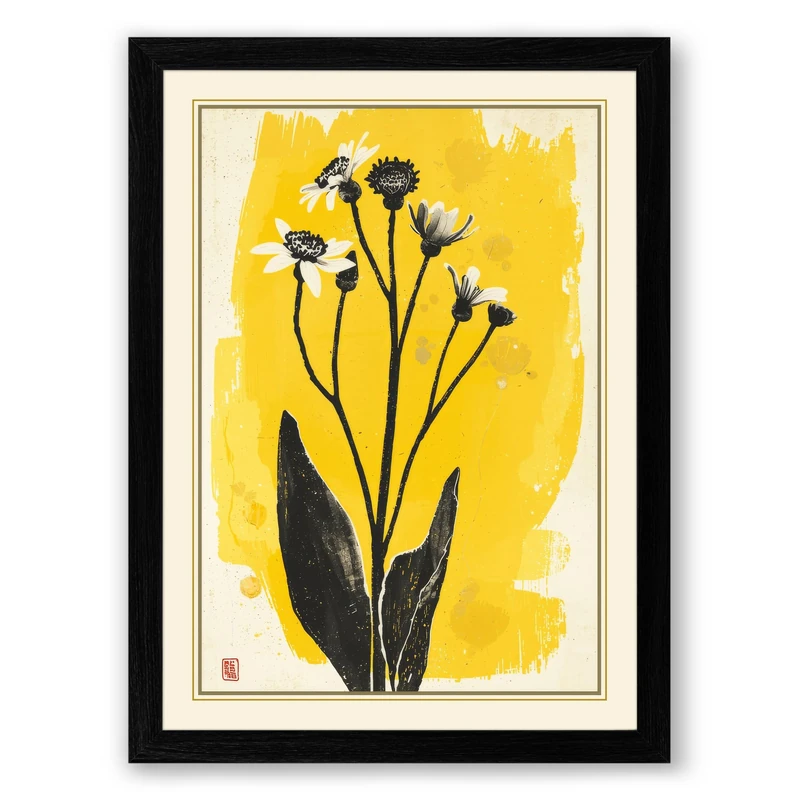 Flowering Plant in Yellow Botanical Framed Wall Art Print A1 (84.1×59.4cm) Black, Wall Decor for Living Room, Bedroom, Office & Home, Ready to Hang, Art Gift