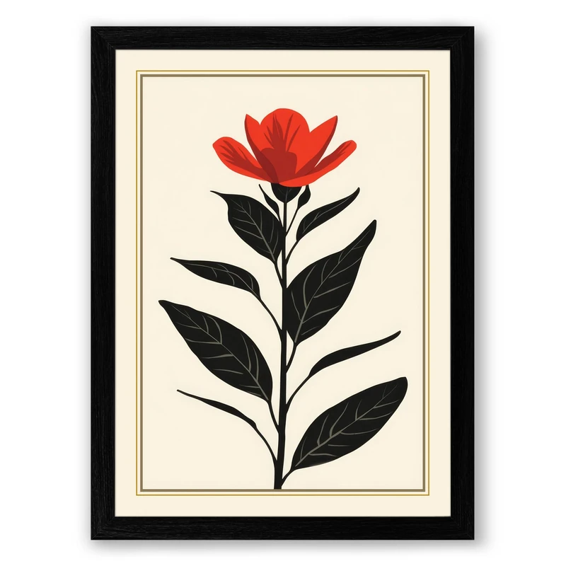 Single Stem in Red Botanical Framed Wall Art Print A1 (84.1×59.4cm) Black, Wall Decor for Living Room, Bedroom, Office & Home, Ready to Hang, Art Gift