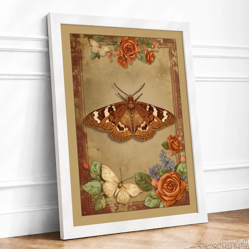 Naturalist Moth Study Vintage Framed Wall Art Print A1 (84.1×59.4cm) White, Wall Decor for Living Room, Bedroom, Office & Home, Ready to Hang, Art Gift