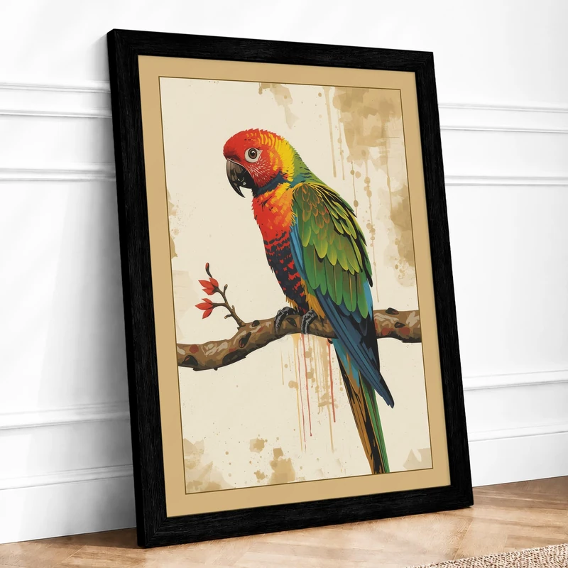 Macaw on Branch Boho Framed Wall Art Print A1 (84.1×59.4cm) Black, Wall Decor for Living Room, Bedroom, Office & Home, Ready to Hang, Art Gift - Image 1