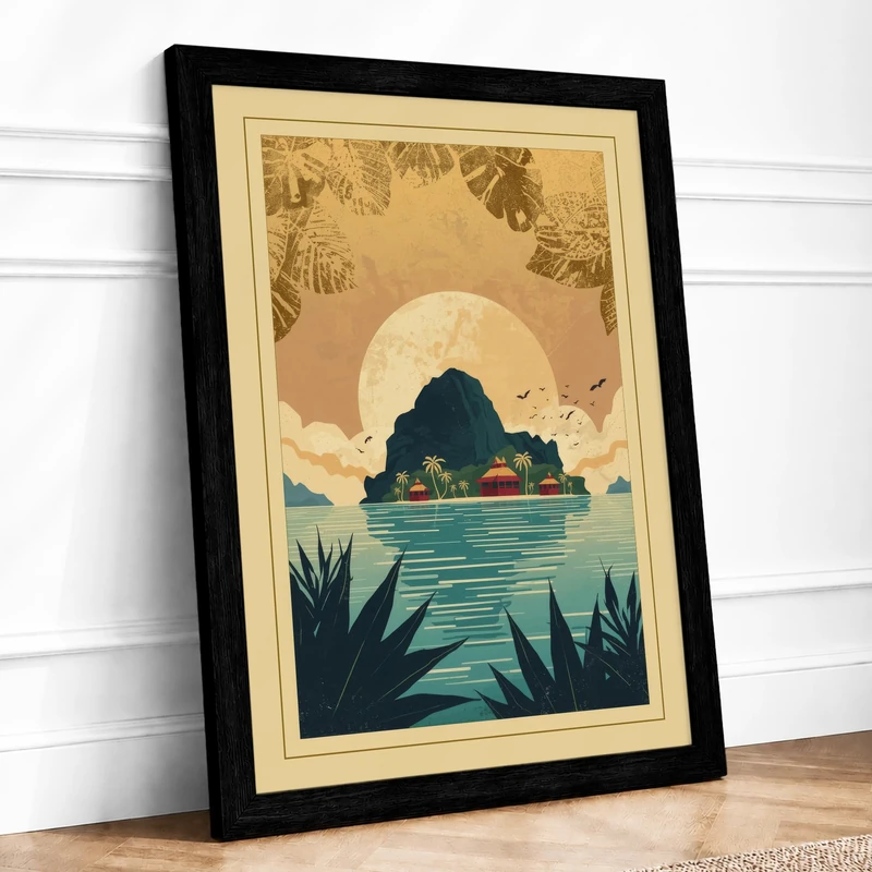 Island Under Moon Japandi Framed Wall Art Print A1 (84.1×59.4cm) Black, Wall Decor for Living Room, Bedroom, Office & Home, Ready to Hang, Art Gift - Image 1