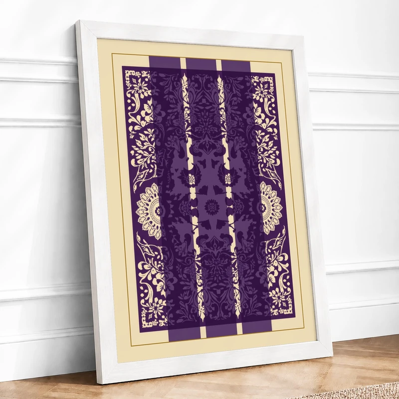 Ornamental Purple Triptych Art Deco Framed Wall Art Print A1 (84.1×59.4cm) White, Wall Decor for Living Room, Bedroom, Office & Home, Ready to Hang, Art Gift