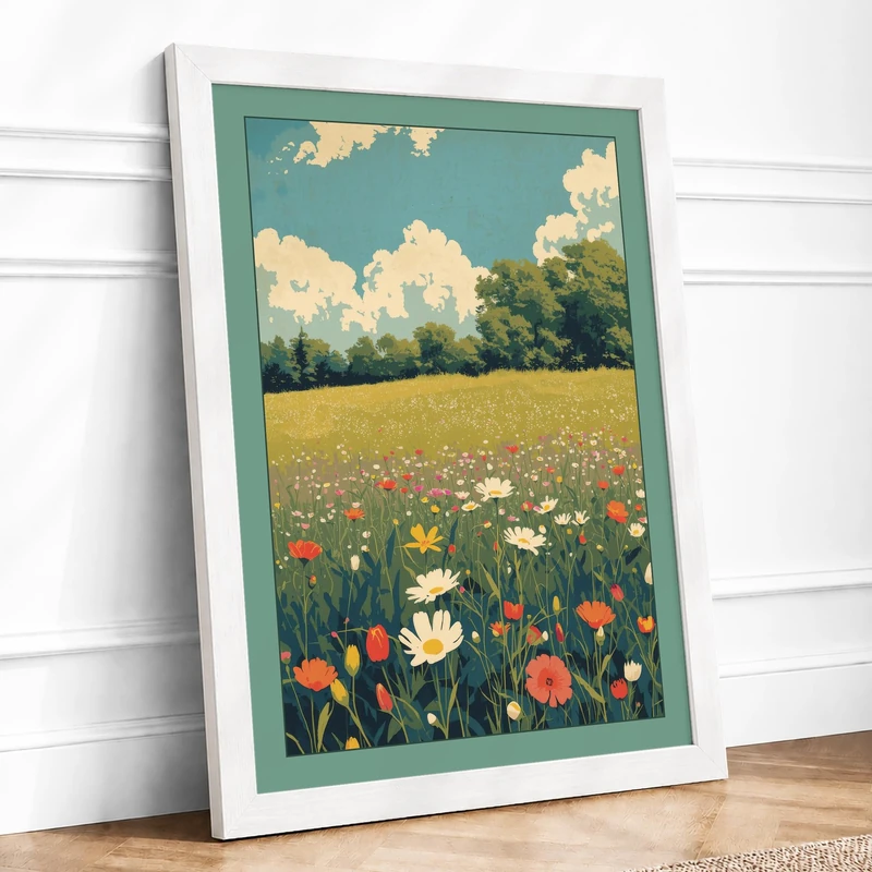 Wildflower Meadow Vintage Framed Wall Art Print A1 (84.1×59.4cm) White, Wall Decor for Living Room, Bedroom, Office & Home, Ready to Hang, Art Gift