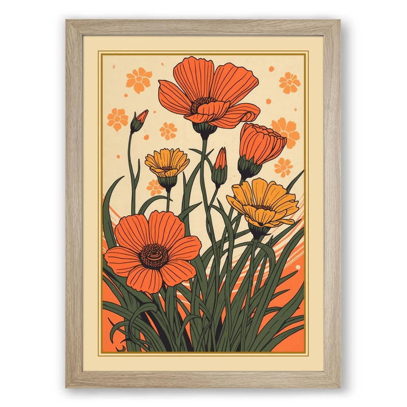 Orange and Yellow Blooms Botanical Framed Wall Art Print A1 (84.1×59.4cm) Oak, Wall Decor for Living Room, Bedroom, Office & Home, Ready to Hang, Art Gift