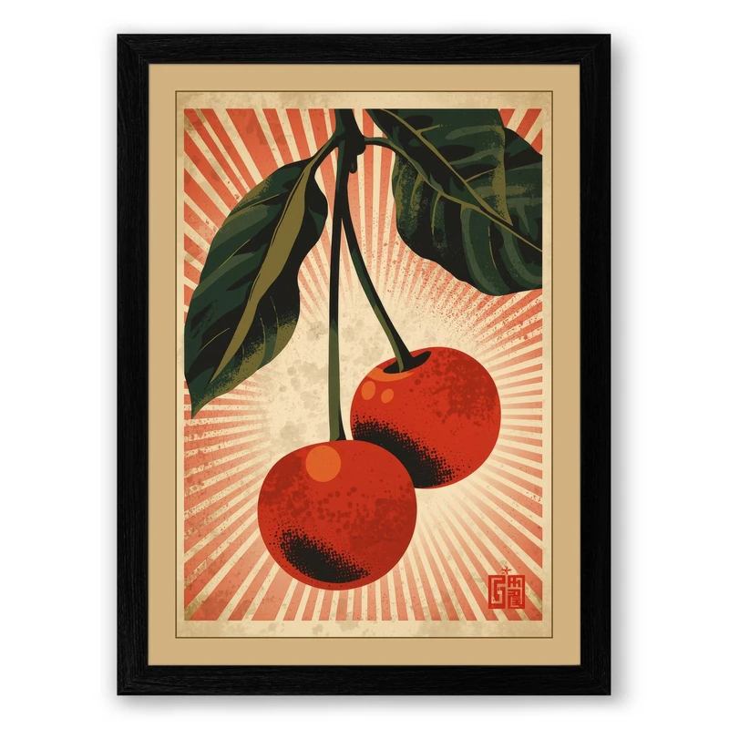 Ripe Cherries Rising Botanical Framed Wall Art Print A1 (84.1×59.4cm) Black, Wall Decor for Living Room, Bedroom, Office & Home, Ready to Hang, Art Gift