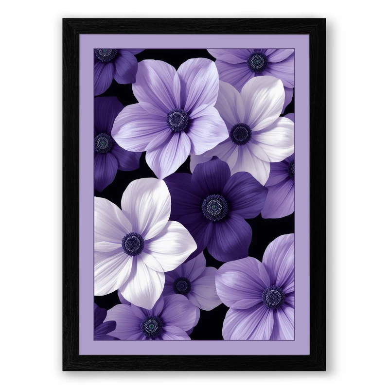 Purple Floral Cluster Botanical Framed Wall Art Print A1 (84.1×59.4cm) Black, Wall Decor for Living Room, Bedroom, Office & Home, Ready to Hang, Art Gift