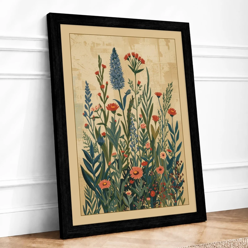 Wildflower Garden Botanical Framed Wall Art Print A1 (84.1×59.4cm) Black, Wall Decor for Living Room, Bedroom, Office & Home, Ready to Hang, Art Gift