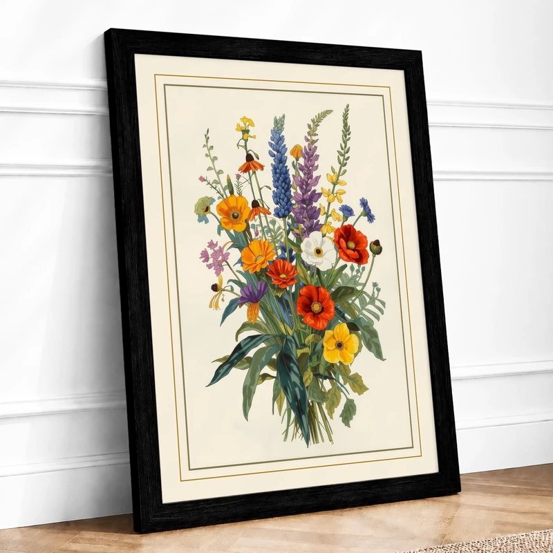 Wildflower Bouquet Botanical Framed Wall Art Print A1 (84.1×59.4cm) Black, Wall Decor for Living Room, Bedroom, Office & Home, Ready to Hang, Art Gift - Image 1