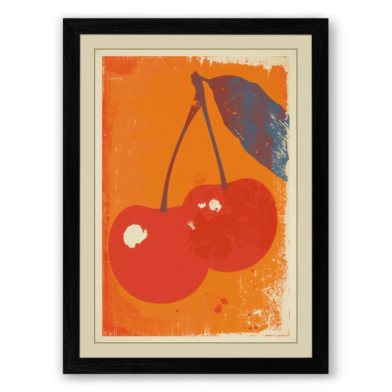Twin Cherries Mid-Century Framed Wall Art Print A1 (84.1×59.4cm) Black, Wall Decor for Living Room, Bedroom, Office & Home, Ready to Hang, Art Gift
