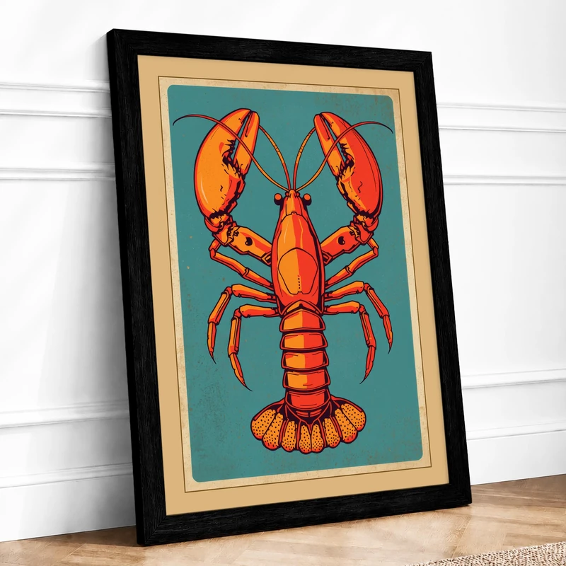 Centered Lobster Retro Framed Wall Art Print A1 (84.1×59.4cm) Black, Wall Decor for Living Room, Bedroom, Office & Home, Ready to Hang, Art Gift