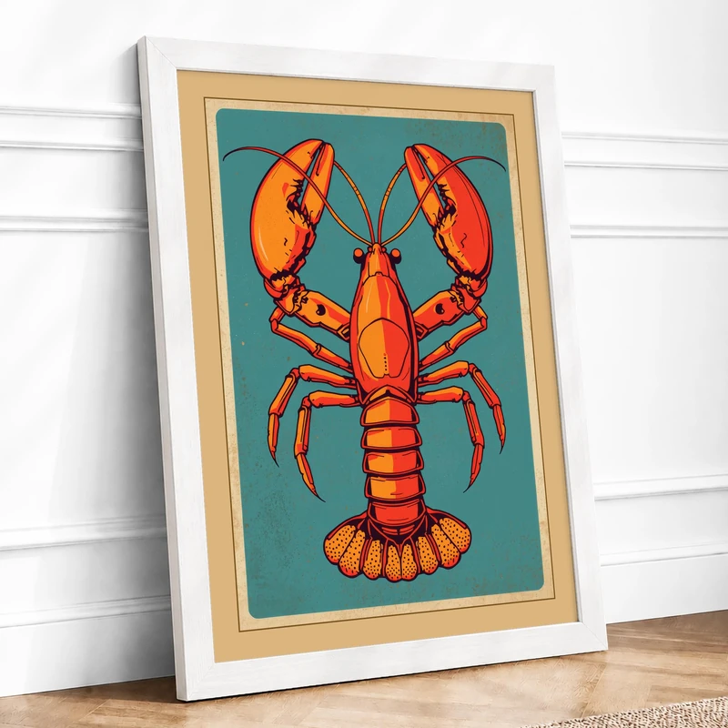 Centered Lobster Retro Framed Wall Art Print A1 (84.1×59.4cm) White, Wall Decor for Living Room, Bedroom, Office & Home, Ready to Hang, Art Gift - Image 1