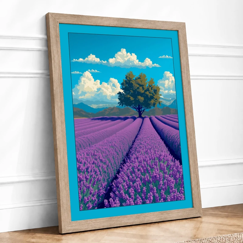 Tree in Lavender Fields Botanical Framed Wall Art Print A1 (84.1×59.4cm) Oak, Wall Decor for Living Room, Bedroom, Office & Home, Ready to Hang, Art Gift
