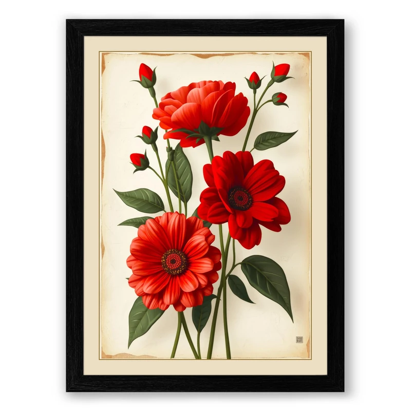 Red Flowers in Study Botanical Framed Wall Art Print A1 (84.1×59.4cm) Black, Wall Decor for Living Room, Bedroom, Office & Home, Ready to Hang, Art Gift