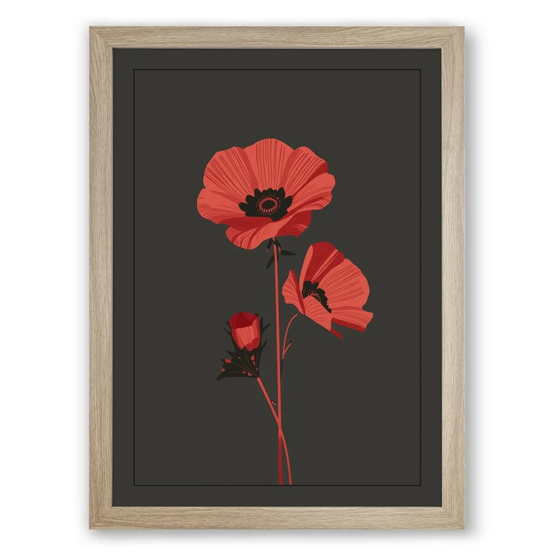 Three Red Poppies Botanical Framed Wall Art Print A1 (84.1×59.4cm) Oak, Wall Decor for Living Room, Bedroom, Office & Home, Ready to Hang, Art Gift