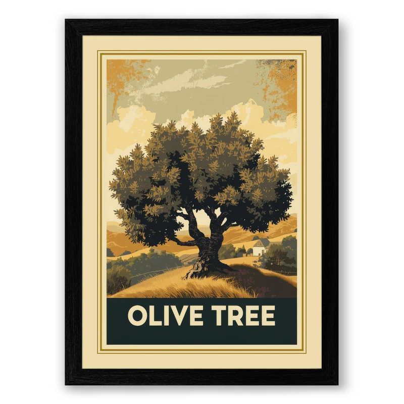 Olive Tree Vintage Framed Wall Art Print A1 (84.1×59.4cm) Black, Wall Decor for Living Room, Bedroom, Office & Home, Ready to Hang, Art Gift