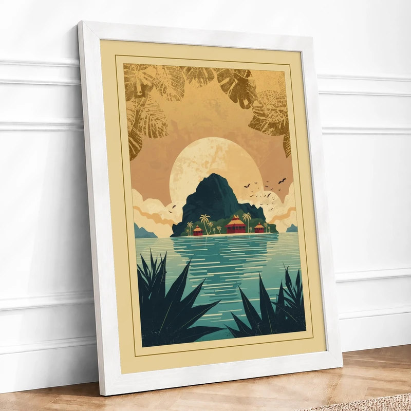 Island Under Moon Japandi Framed Wall Art Print A1 (84.1×59.4cm) White, Wall Decor for Living Room, Bedroom, Office & Home, Ready to Hang, Art Gift - Image 1