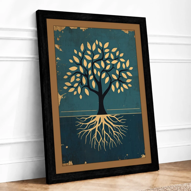 Golden Tree of Balance Botanical Framed Wall Art Print A1 (84.1×59.4cm) Black, Wall Decor for Living Room, Bedroom, Office & Home, Ready to Hang, Art Gift - Image 1