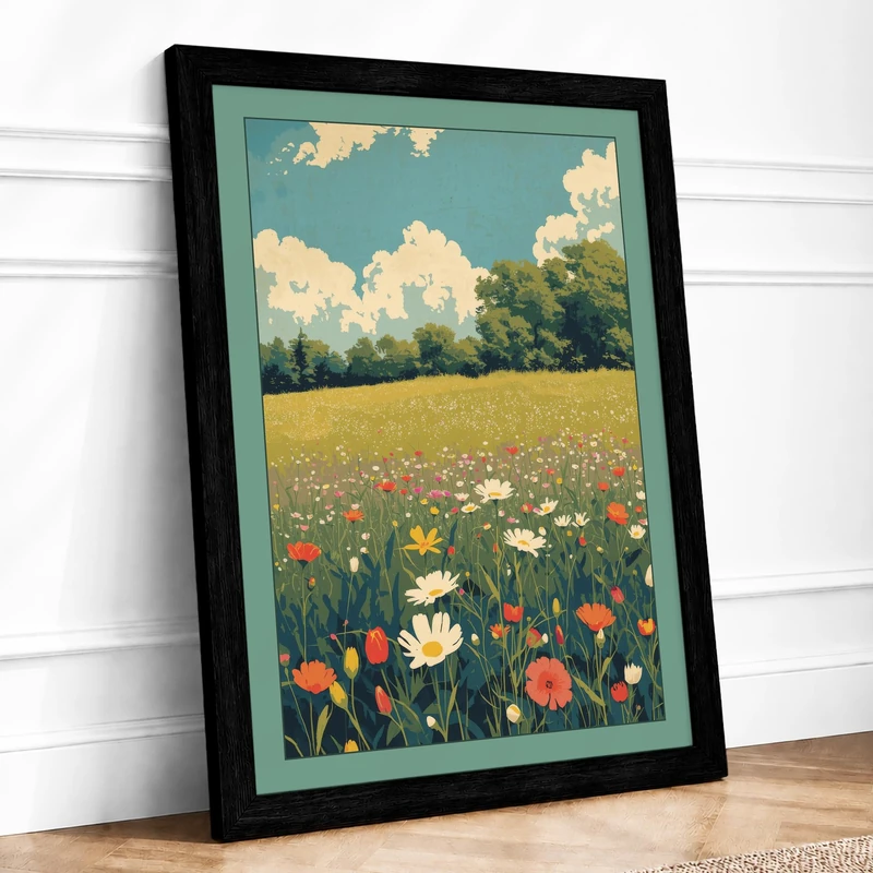 Wildflower Meadow Vintage Framed Wall Art Print A1 (84.1×59.4cm) Black, Wall Decor for Living Room, Bedroom, Office & Home, Ready to Hang, Art Gift
