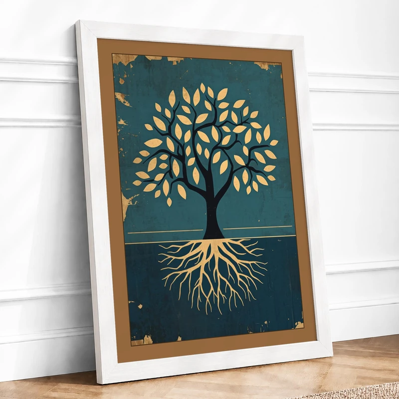 Golden Tree of Balance Botanical Framed Wall Art Print A1 (84.1×59.4cm) White, Wall Decor for Living Room, Bedroom, Office & Home, Ready to Hang, Art Gift - Image 1