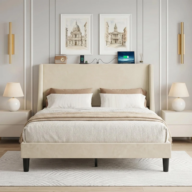 VECELO Wingback Double Bed Frame with USB Charging, Velvet Upholstered Platform with 30cm Side Wings, Prevents Mattress Sliding, Sturdy Wooden Slats, No Box Spring Needed, Beige