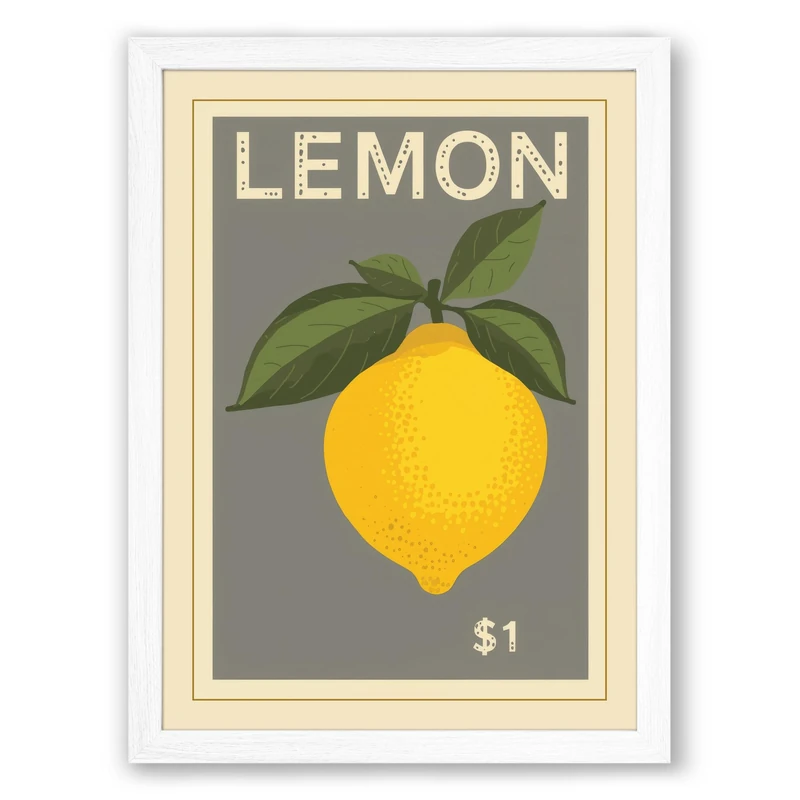 Lemon Price Label Retro Framed Wall Art Print A1 (84.1×59.4cm) White, Wall Decor for Living Room, Bedroom, Office & Home, Ready to Hang, Art Gift