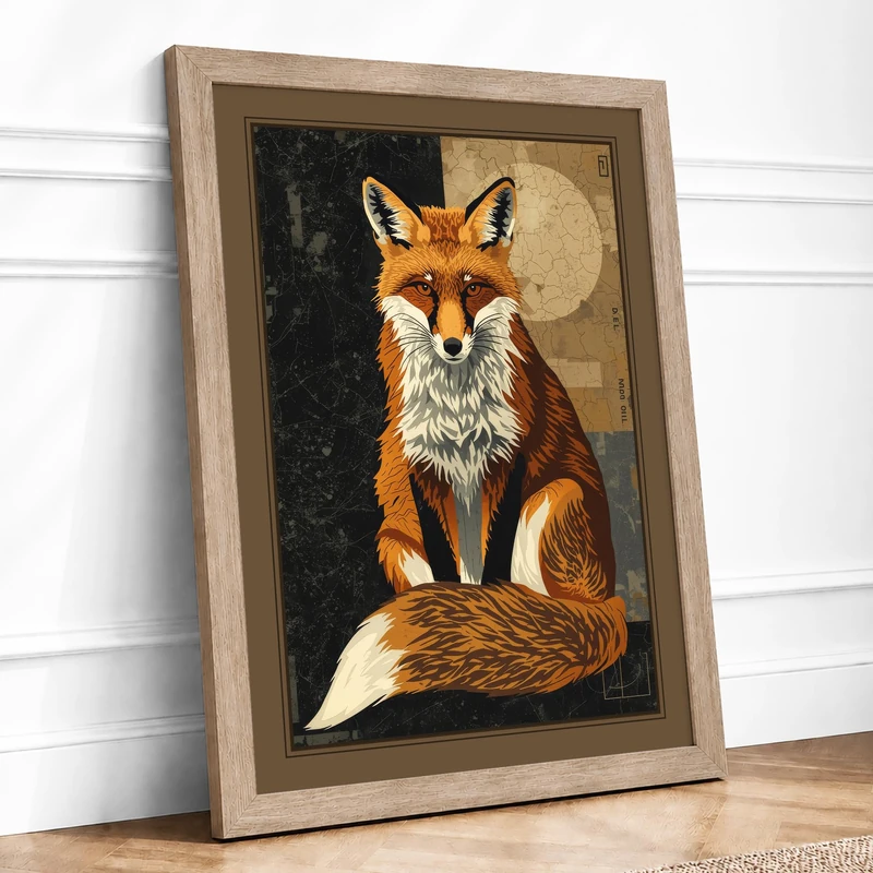 Fox by Moonlight Vintage Framed Wall Art Print A1 (84.1×59.4cm) Oak, Wall Decor for Living Room, Bedroom, Office & Home, Ready to Hang, Art Gift - Image 1