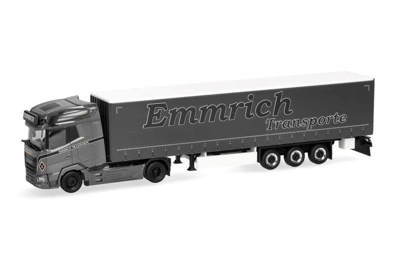 Herpa truck model DAF XG+ curtain canvas semitrailer "Emmrich Transporte", on a scale of 1:87, plastic miniature, made in Germany, model building, collectors edition