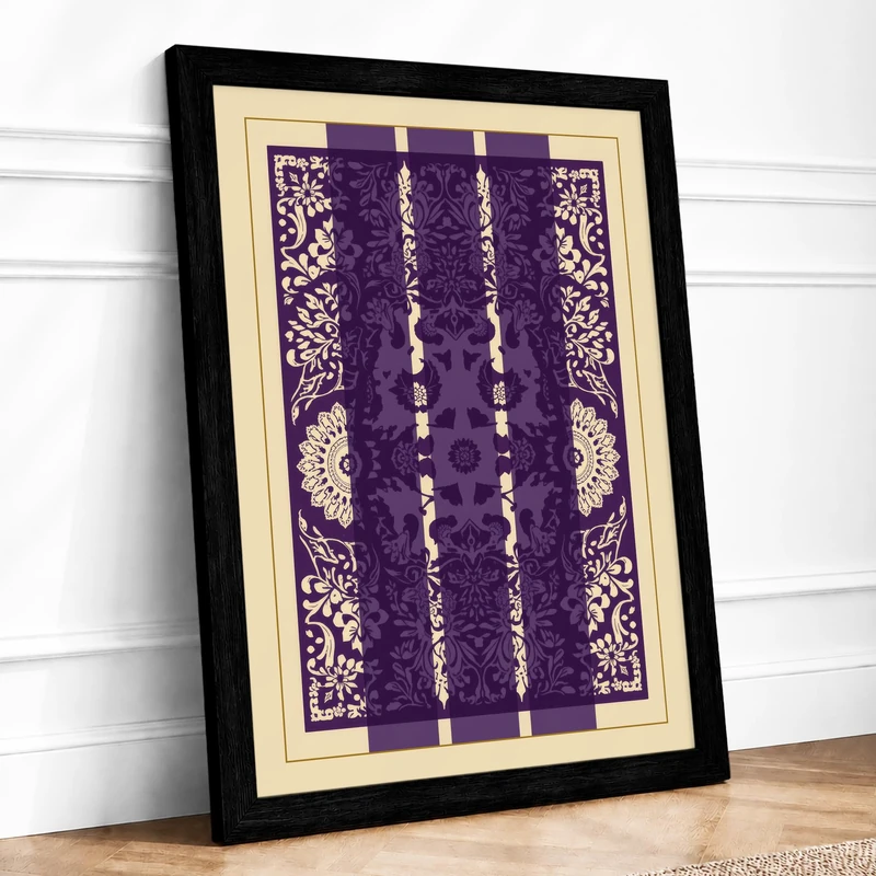 Ornamental Purple Triptych Art Deco Framed Wall Art Print A1 (84.1×59.4cm) Black, Wall Decor for Living Room, Bedroom, Office & Home, Ready to Hang, Art Gift