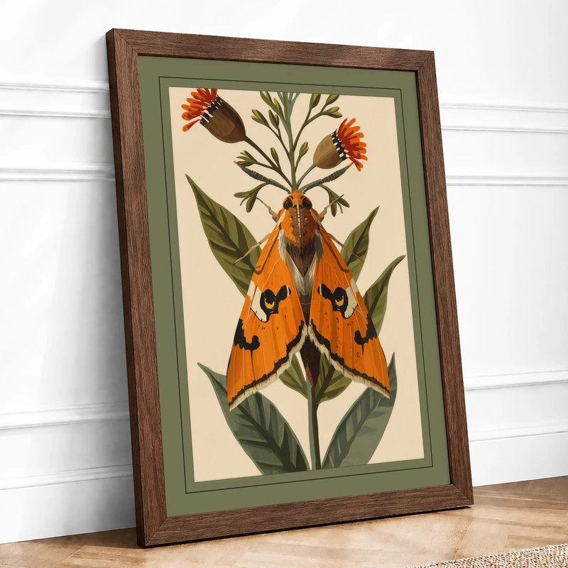 Symmetrical Moths and Flora Botanical Framed Wall Art Print A1 (84.1×59.4cm) Walnut, Wall Decor for Living Room, Bedroom, Office & Home, Ready to Hang, Art Gift - Image 1
