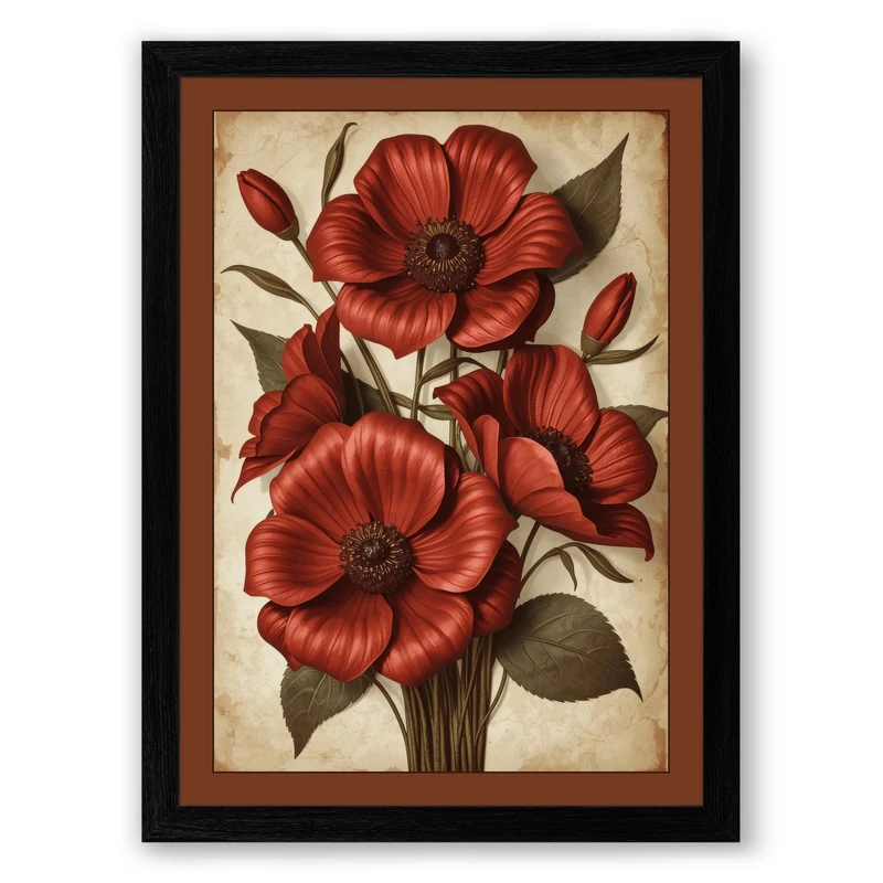 Red Flowers in Bloom Botanical Framed Wall Art Print A1 (84.1×59.4cm) Black, Wall Decor for Living Room, Bedroom, Office & Home, Ready to Hang, Art Gift