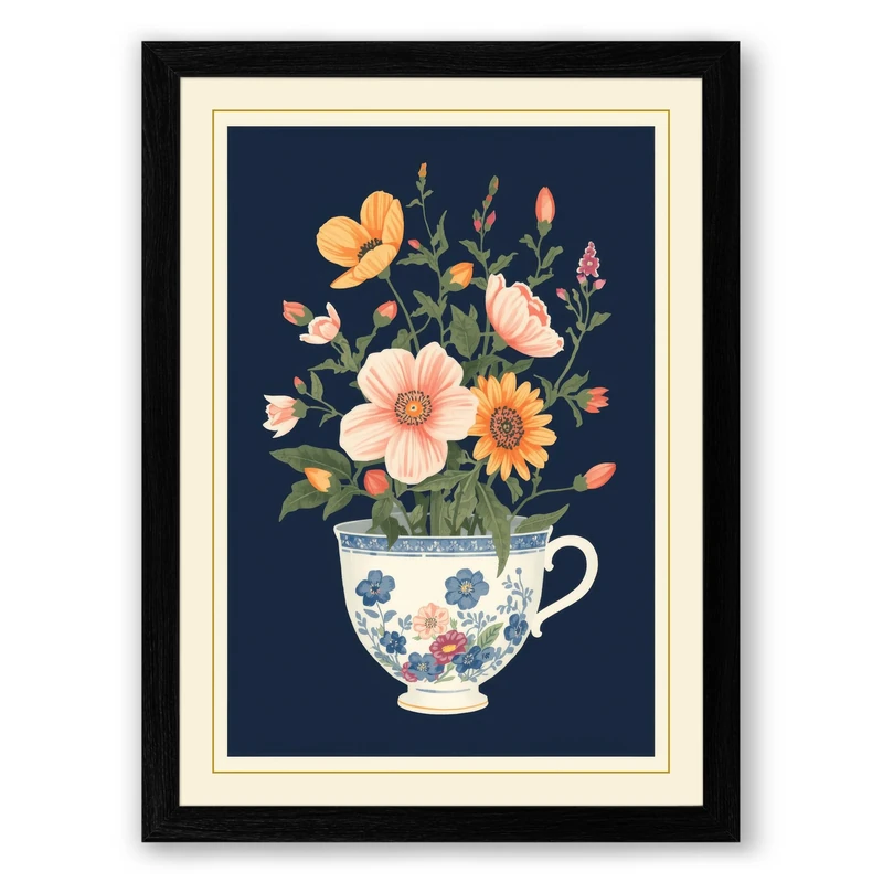Flowers in Blue Pitcher Botanical Framed Wall Art Print A1 (84.1×59.4cm) Black, Wall Decor for Living Room, Bedroom, Office & Home, Ready to Hang, Art Gift
