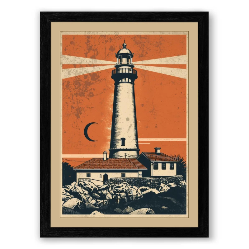 Lighthouse Watch Retro Framed Wall Art Print A1 (84.1×59.4cm) Black, Wall Decor for Living Room, Bedroom, Office & Home, Ready to Hang, Art Gift