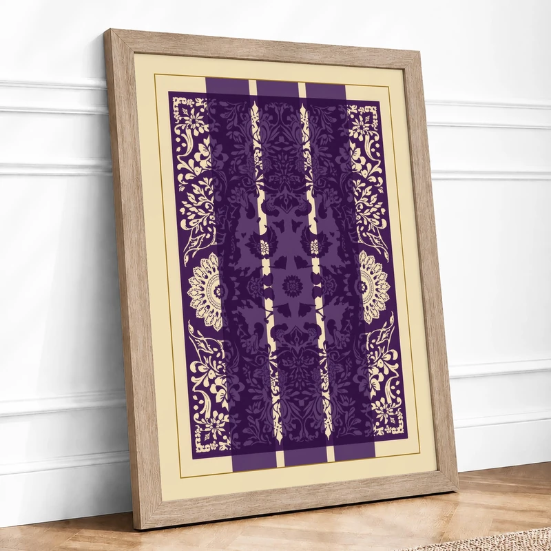 Ornamental Purple Triptych Art Deco Framed Wall Art Print A1 (84.1×59.4cm) Oak, Wall Decor for Living Room, Bedroom, Office & Home, Ready to Hang, Art Gift - Image 1