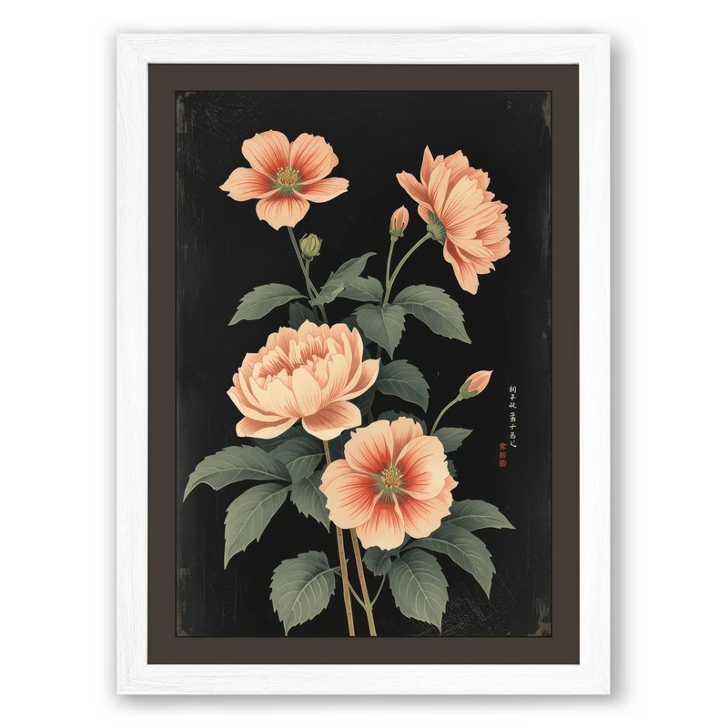 Peach Blossoms Botanical Framed Wall Art Print A1 (84.1×59.4cm) White, Wall Decor for Living Room, Bedroom, Office & Home, Ready to Hang, Art Gift