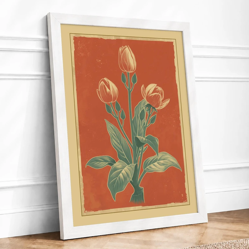 Coral Tulips Botanical Framed Wall Art Print A1 (84.1×59.4cm) White, Wall Decor for Living Room, Bedroom, Office & Home, Ready to Hang, Art Gift - Image 1